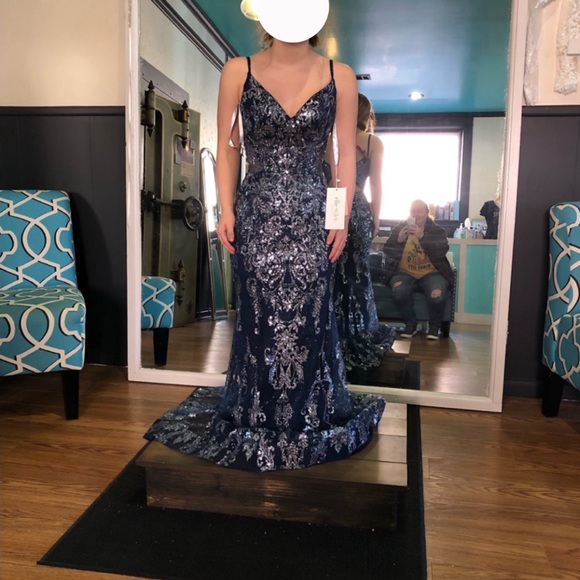 Ellie Wilde Navy and Silver Sequin Prom Dress